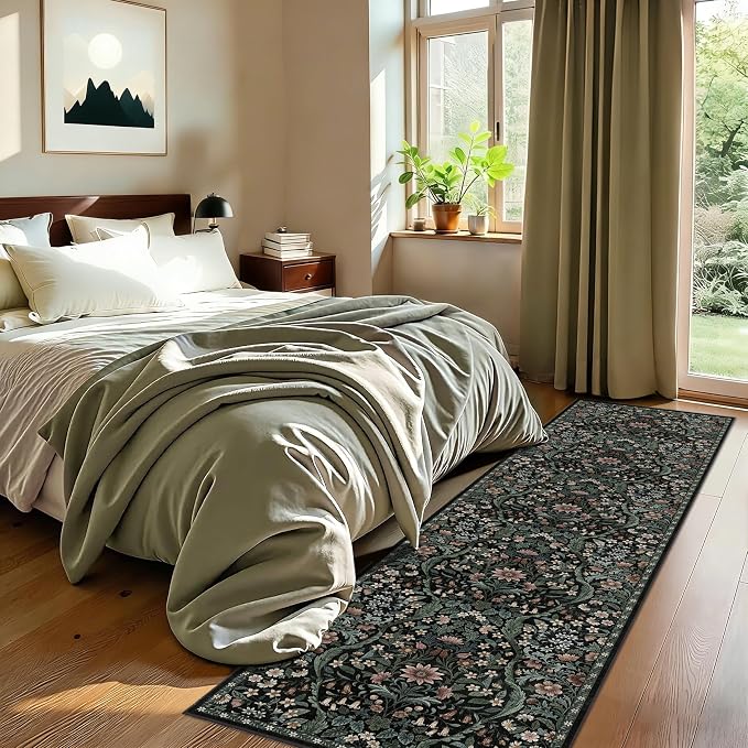 2x8 Washable Runner Rug,Black Floral Boho Area Rug for Hallway,Low-Pile Non-Slip Stain Resistant Carpet for Kitchen, Bedside,Laundry Room,Entryway