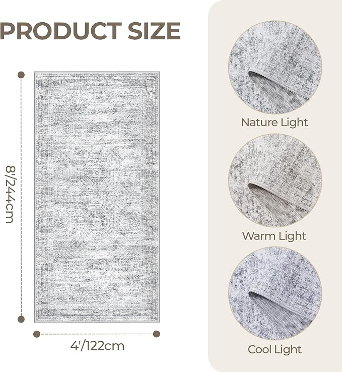 4x8 Rug Non Slip,Washable Hallway Runner Rug,Grey | Area Rugs for Kitchen,Entryway,Bedroom,Bathroom,Nursery Room,Thin,Soft Runner Rug,Stain Resistant Indoor Carpet