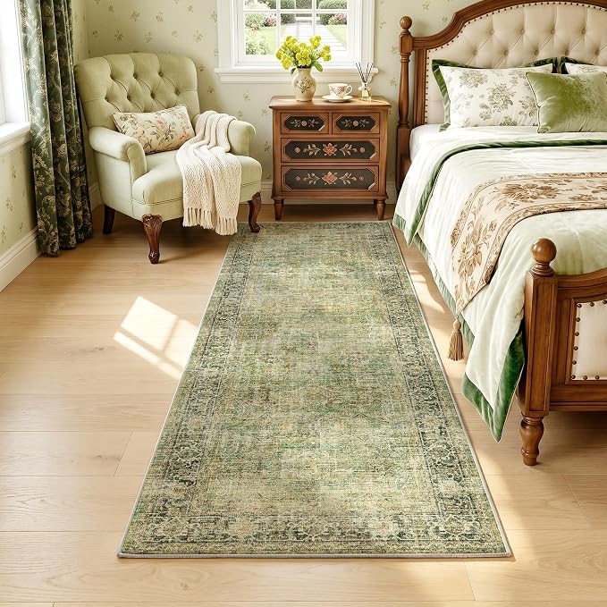 Beauoop 2x6 Hallway Runner Rug Washable Green Vintage Retro Distressed | Non Slip Low Pile Oriental Soft Thin Indoor Carpet Rug Entryway Entrance Kitchen Laundry Bedroom Bathroom Bedside