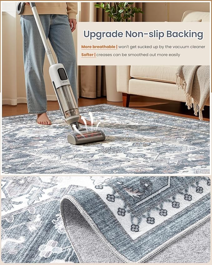 10x12 Vintage Area Rug: Washable Neutral Soft Non Slip Thin Large Floor Carpet for Living Room Bedroom Kitchen Dining Room Home Office Farmhouse Indoor - Blue
