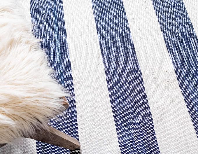 Unique Loom Chindi Rag Collection Area Rug - Striped (2' 7" x 6' 1" Runner, Navy Blue/ Ivory)