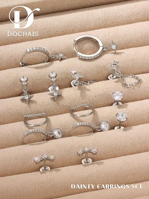 Dochais Flat Back Cartilage Earrings for Women Trendy Dainty CZ Flatback Studs Earing Sets 14k Gold Plated Hypoallergenic Huggie Hoops Earring Stacks for Multiple Piercing