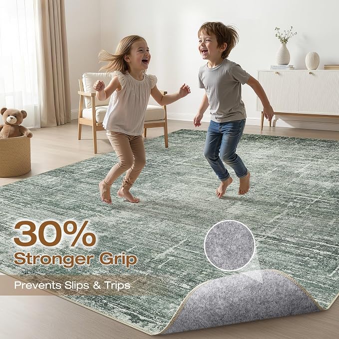 10x14 Area Rugs Living Room: Washable Large Neutral Rug Abstract Soft Modern Stain Resistant Indoor Floor Non-Slip Carpet for Bedroom Nursery Kids Office Playroom Dining Room Under Table- Dark Green
