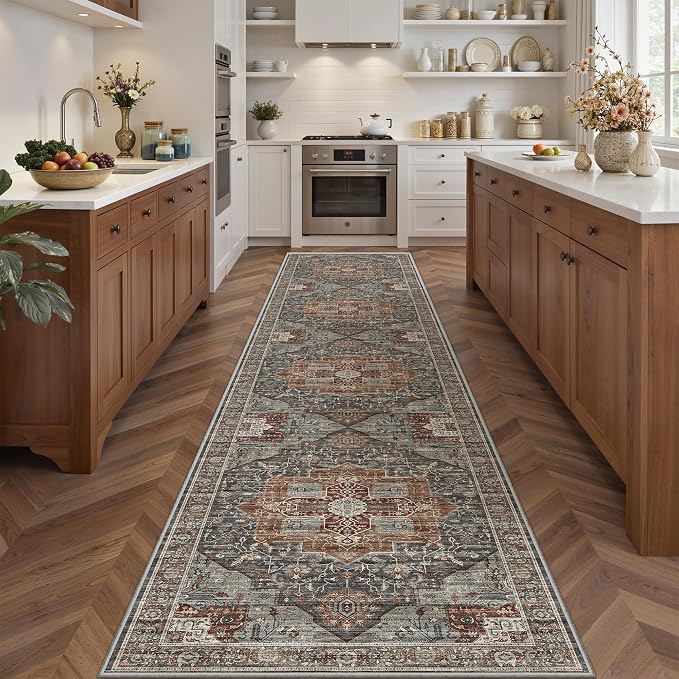Roxstand Washable 2.6x12 Runner Rug, Non Slip Hallway Rugs Grey/Brown/Tan | Low Pile Rug with Stain Resistant Surface, Vintage Kitchen Runner for Kentryway, Living Room, Bedroom and Home Decor