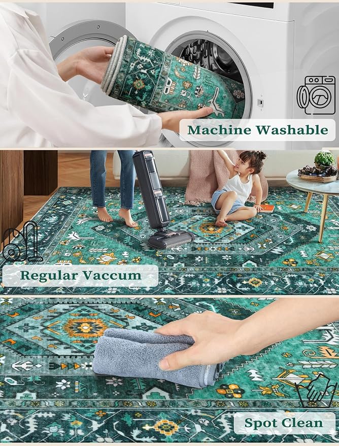 SERISSA Boho Kitchen Runner Rug, 3x7 Washable Non-Slip Runner Rug for Hallways Kitchen Rug, Ultra Soft Vintage Teal Print Distressed Tribal Floor Carpet Runner for Bedroom Entryway Laundry Room