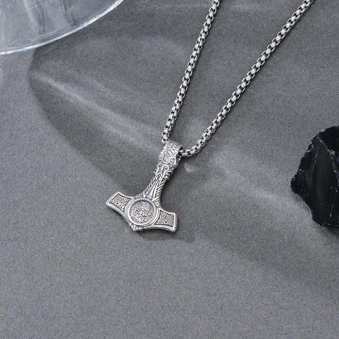 PROESS Thors Hammer Necklace Sterling Silver Celtic Knot Wolf/Lion/Raven Necklace Viking Mjolnir Pendant Jewelry for Men