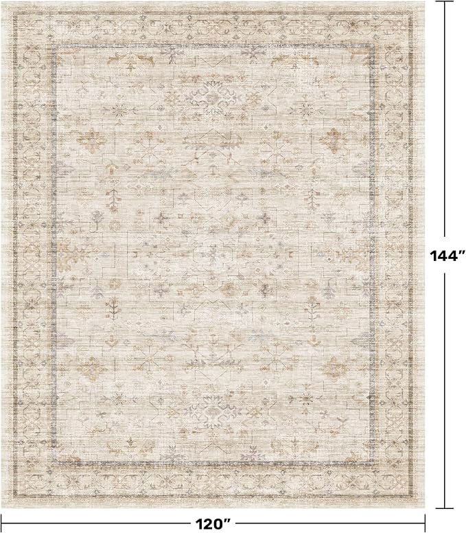 Beige Cream 10x12 Large Living Room Area Rug, Soft Neutral Carpet for Bedroom, Dining Room Under Table, Geometric Floral Contemporary Home Décor, Modern Non Slip Stain Resistant Floor Carpet