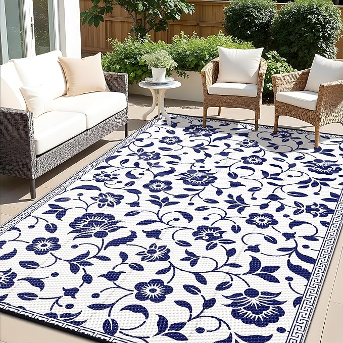 OLANLY Waterproof Outdoor Rug 6x9 ft, Outdoor Plastic Straw Rug with Flower Pattern, Reversible RV Mat for Patio, Camping, Balcony, Deck, Backyard, Navy & White