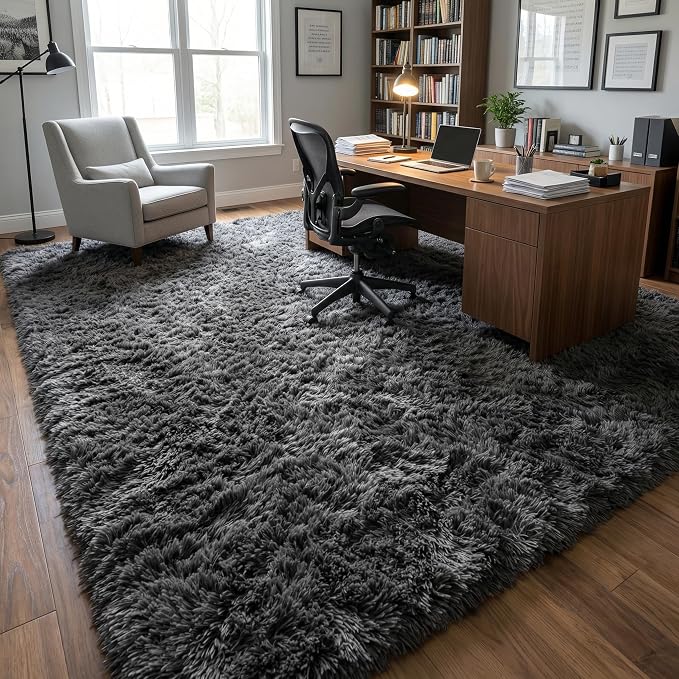 Fluffy Rugs for Living Room: Dark Grey Soft Shag Rug for Bedroom, Large Fuzzy Plush Indoor Floor Carpet Non Slip Modern Rug for Nursery Boys Girls Kids Room Playroom Dorms Home Decor, 9x11 Feet