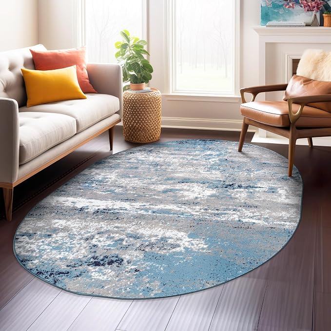 Rugshop Watercolor Distressed Modern Bohemian Oval Rug Blue 5' x 7'