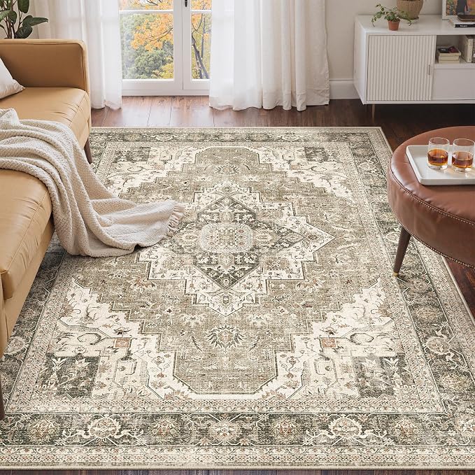 Roxstand Washable 3x5 Area Rug, Non Slip Rug for Entryway Brown/Beige | Low Pile Vintage Rug, Stain Resistant, Non-Shedding Design, Pet & Kid Friendly, Carpet for Living Room, Bedroom, Dining Room
