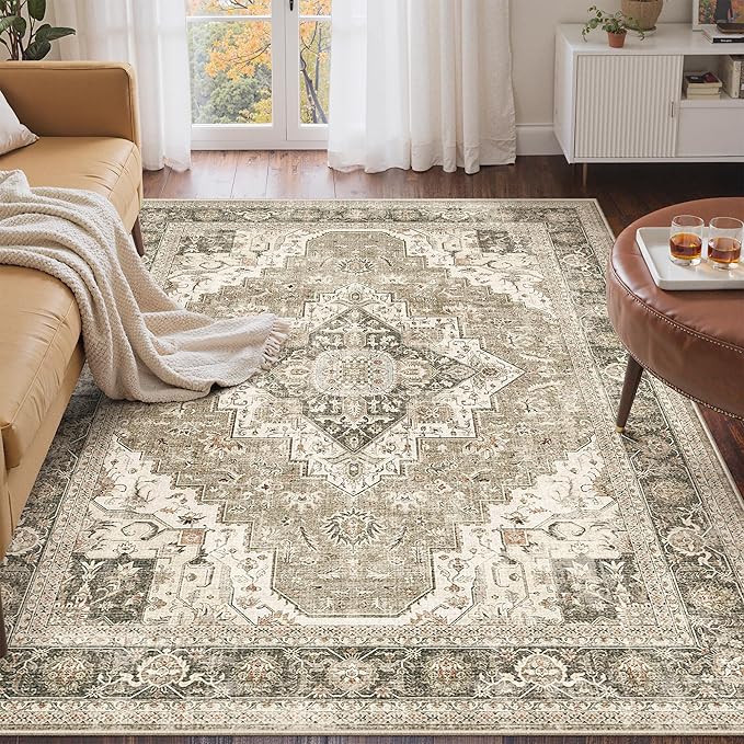 Roxstand Washable 3x5 Area Rug, Non Slip Rug for Entryway Brown/Beige | Low Pile Vintage Rug, Stain Resistant, Non-Shedding Design, Pet & Kid Friendly, Carpet for Living Room, Bedroom, Dining Room