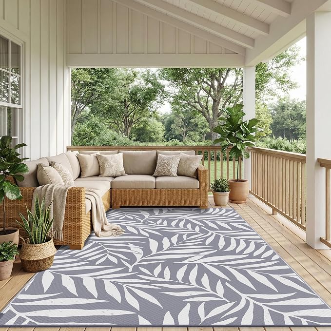Smiry Outdoor Rug 6x9 ft, Waterproof Reversible Plastic Straw Rugs, Outdoor Area Rug with Leaf Pattern, Outside Floor Mat for Patio, Backyard, Deck, Picnic, Beach, Camping, Grey & White