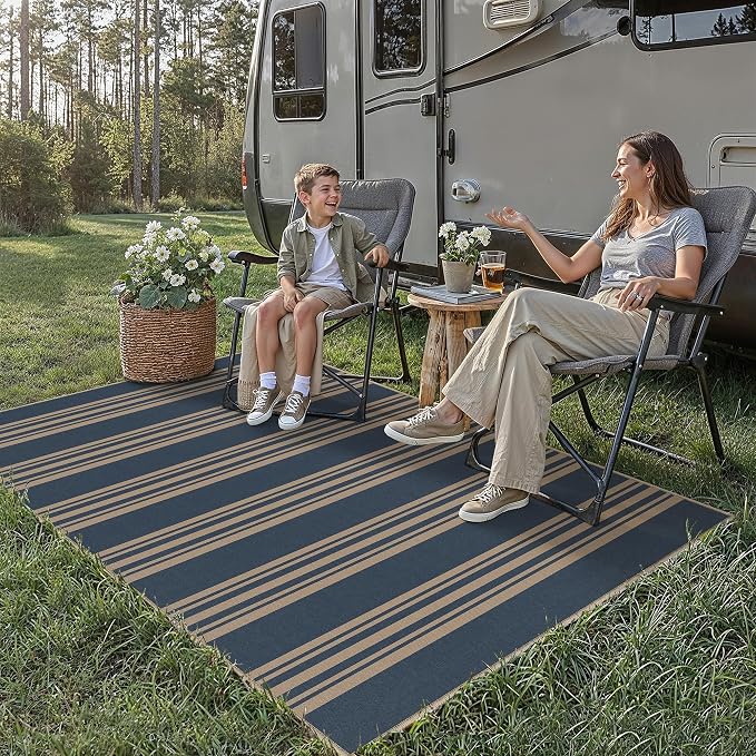PureCozy Outdoor Rug 4x6 Washable Striped Jute Look Non Slip Carpet | Blue Stripe Farmhouse Style, Indoor Outdoor Area Rugs for Patio, Living Room, Dining Room, Non Shedding, Neutral Rug