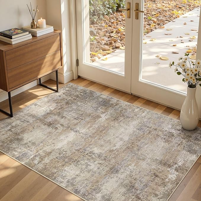 Neutral Washable Area Rug 3x5, Abstract Small Rugs for Entryway | Modern Non Slip Carpet, Stain Resistant Joint-Friendly, Rug for Bedroom, Kitchen, Living Room, Indoor Front Door - Dark Brown