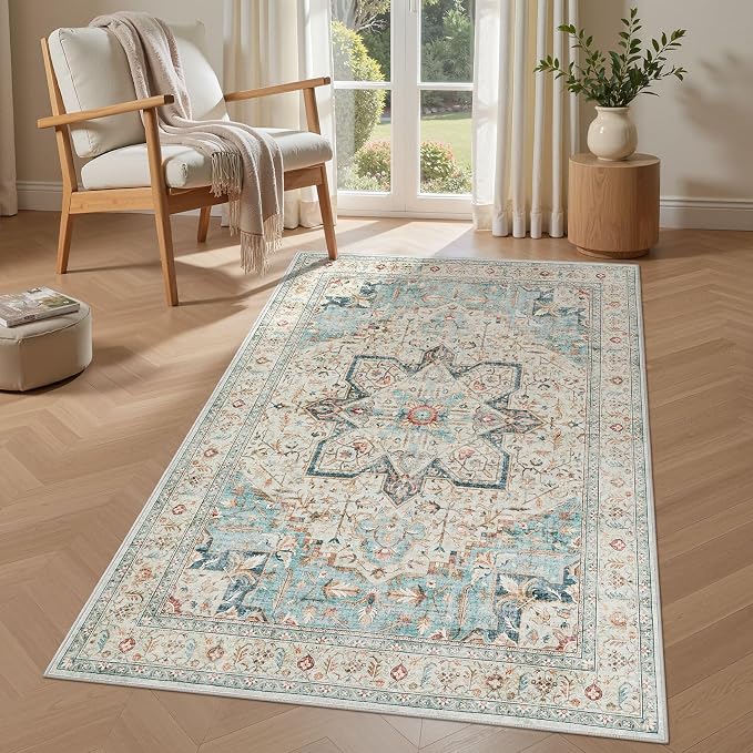 Tortania Area Rug Living Room Rugs - 3x5 Washable Rug Vintage Oriental Distressed Farmhouse Small Thin Indoor Carpet for Living Room Bedroom Under Dining Table Home Office - Aqua Multi