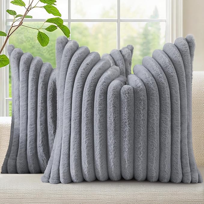 decorUhome Fall Faux Fur Throw Pillow Covers 18x18 Set of 2 Grey | Decorative Soft Cozy Striped Plush Modern Farmhouse Boho Couch Pillow Cases Velvet Back for Sofa Bed Living Room Home Decor