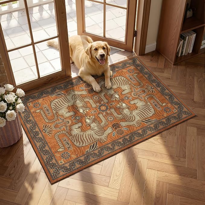 GarveeHome Boho Tiger Entryway Rug, 2x3 Vintage Tribal Washable Front Door Rug Indoor Entrance Animal Carpet Non-Slip Low Pile Throw Rugs for Kitchen Floor, Powder Room, Entry, Bathroom, Kids Room