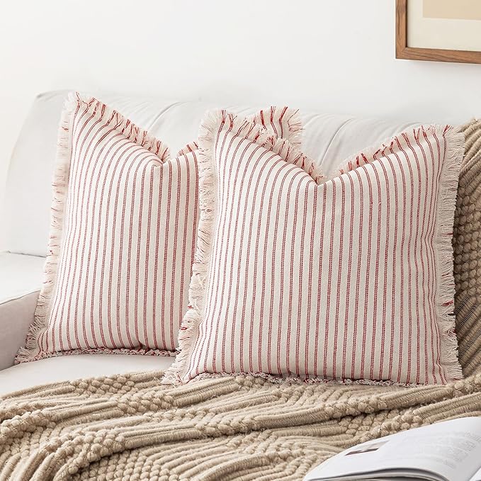 YEENAASY Throw Pillow Covers 24x24 Set of 2 Striped Fringe Pillow Cover Farmhouse Cushion Covers with Tassel Neutral Boho Pillows Decorative Square Pillowcase for Couch Sofa Bed, Red