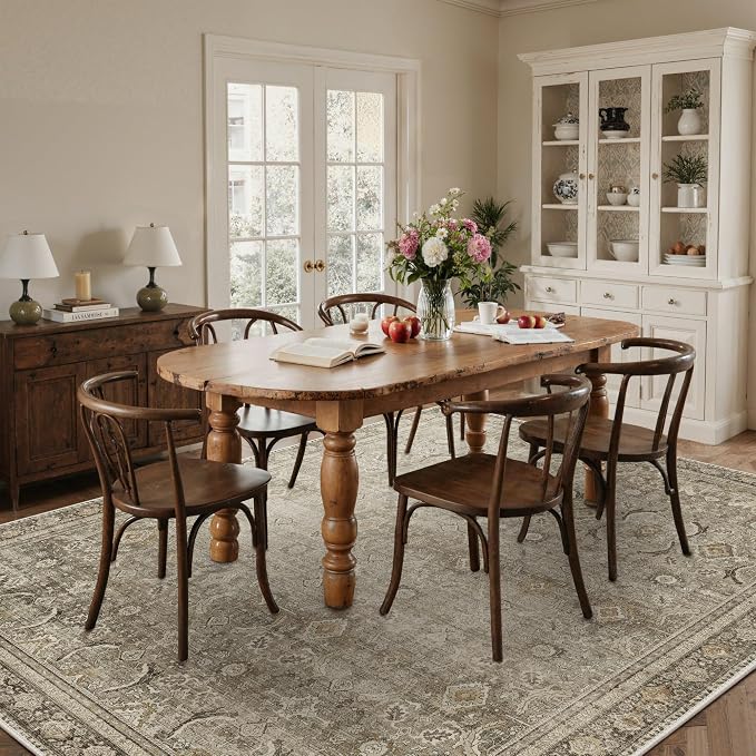 BESBLEE 6X9 Area Rugs Machine Washable Rugs for Living Room, Vintage Boho Large Rugs for Bedroom Dining Room, Non Slip Indoor Soft Distressed Lightweight Thin Low Pile Carpet, Dark Brown