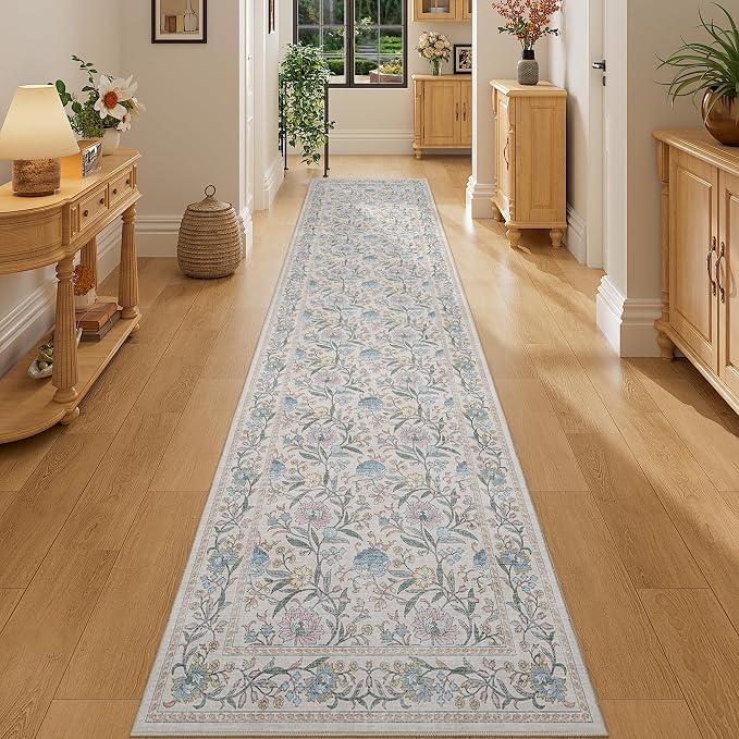 DUKINO 2x10 Runner Rug for Hallway, Washable Vintage Floral Rug, Cream Blue | Non Slip, Low Pile, Non-Shedding, Stain Resistant Soft Long Runner Carpet for Kitchen Bathroom Entryway Bedroom Farmhouse