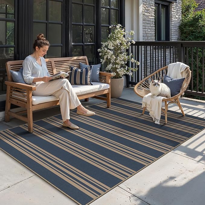 PureCozy Outdoor Rug 5x7 Washable Striped Jute Look Non Slip Carpet | Blue Stripe Farmhouse Style, Indoor Outdoor Area Rugs for Patio, Living Room, Dining Room, Non Shedding, Neutral Rug