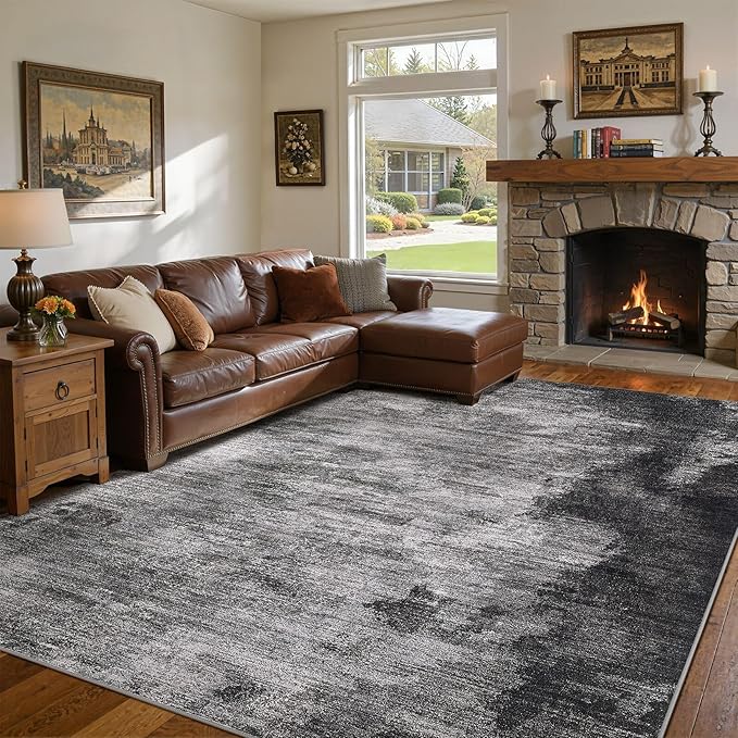 DMOYEST 8x10 Area Rug for Living Room, Washable & Non Slip Large Indoor Carpet, Kid & Pet Friendly Soft Thin Low Pile Abstract Rug for Bedroom and Office - Dark Grey Blue