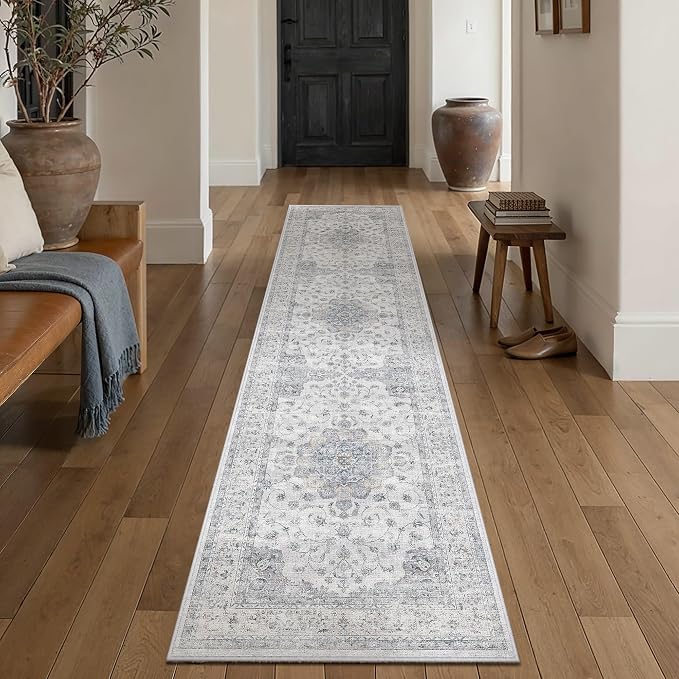 HUGEAR 2x12 Runner Rugs Machine Washable Vintage Blue Hallway Rug Soft Area Rug Carpet Non-Shedding Non-Slip Low Pile for Bedroom Kitchen Retro Aesthetic Modern Decor