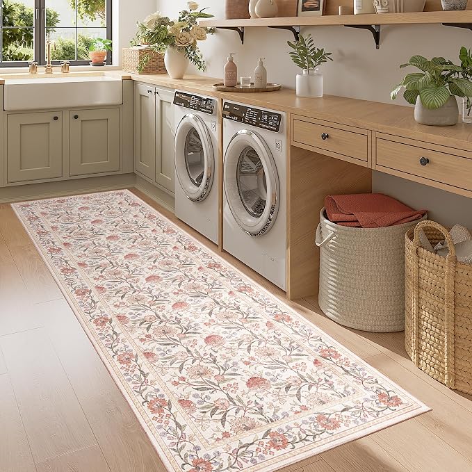 DUKINO 2x6 Runner Rug, Washable Vintage Floral Kitchen Rug, Beige Pink | Non Slip, Low Pile, Non-Shedding, Stain Resistant Soft Carpet Runner for Hallway Bathroom Entryway Bedroom Laundry Farmhouse