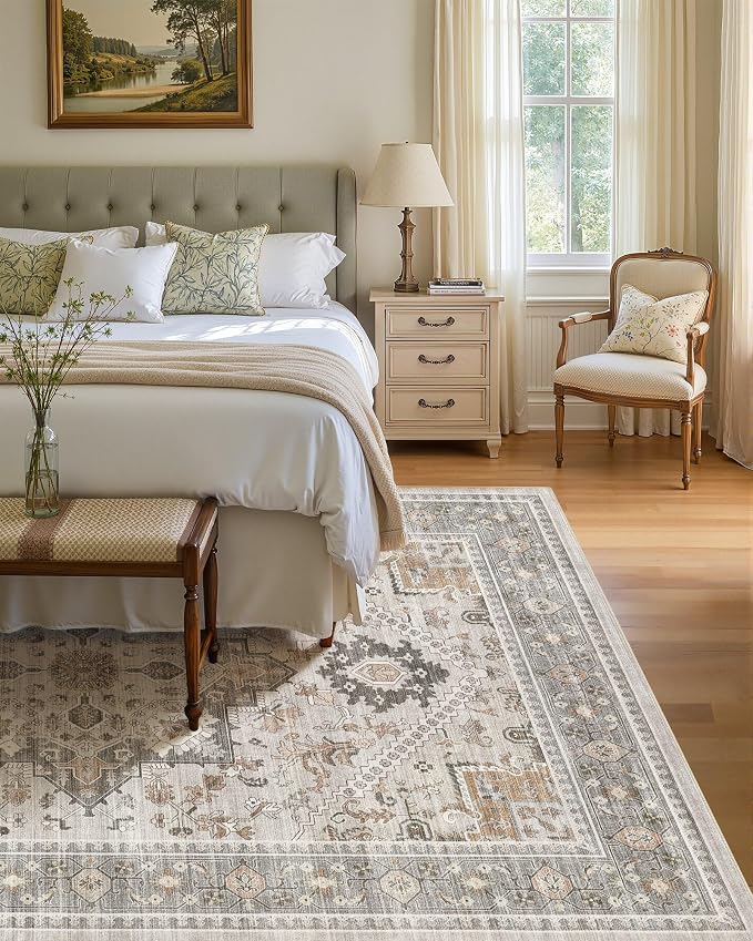 12x15 Vintage Area Rug: Washable Neutral Soft Non Slip Thin Large Floor Carpet for Living Room Bedroom Kitchen Dining Room Home Office Farmhouse Indoor - Taupe