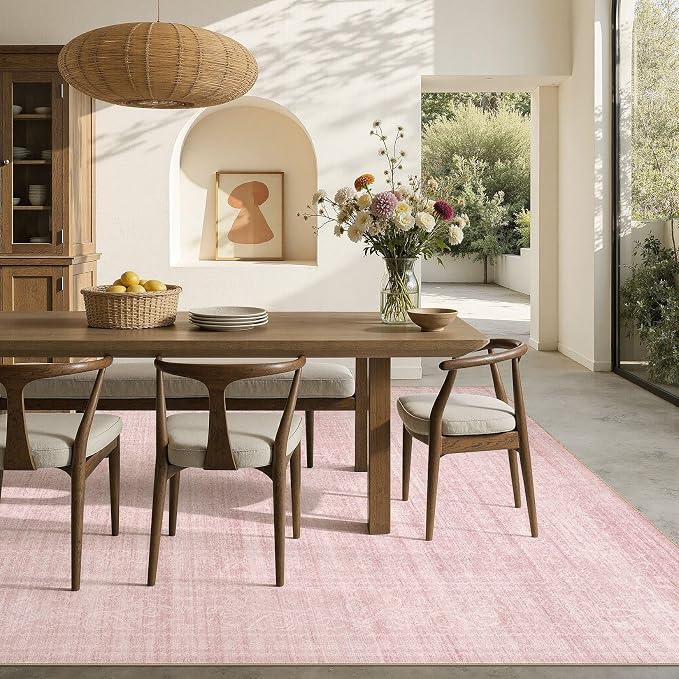 Nakagishi 7x9 Area Rugs Living Room: Washable Large Vintage Rug Neutral Non-Slip Soft Stain Resistant Indoor Carpet for Bedroom Nursery Dining Room Office Playroom - Pink