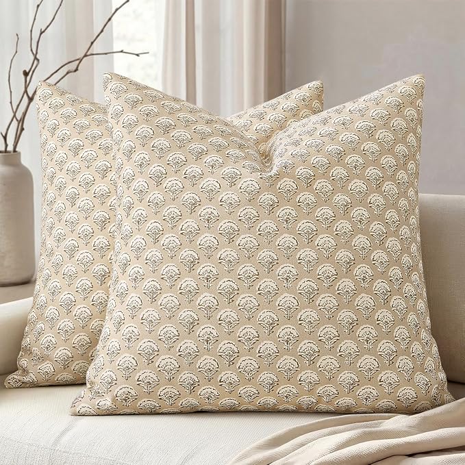 MIULEE Set of 2 Decorative Floral Pillow Covers Neutral Vintage Throw Pillows Block Print Boho Farmhouse Cushion Covers for Spring Home Decor Couch Sofa Bed Living Room, 20x20 Inch, Cream Oatmea