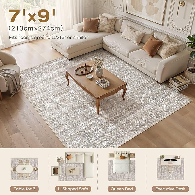 Nakagishi 7x9 Area Rugs Living Room: Washable Large Vintage Rug Neutral Non-Slip Soft Stain Resistant Indoor Carpet for Bedroom Nursery Dining Room Office Playroom - Light Brown