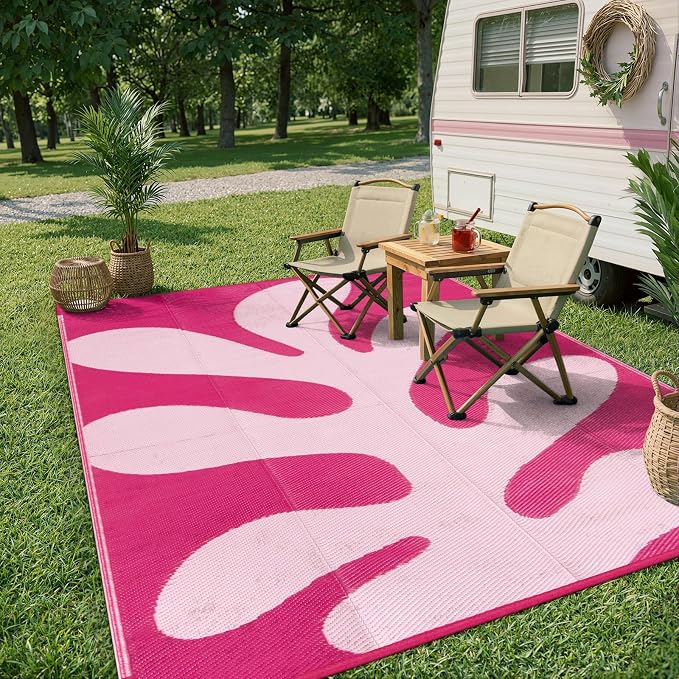 Lahome Plastic Hot Pink Outdoor Rug, Reversible Coral Sea Funky Outdoor Camping Rug, Portable Rv Rugs for Outside Beach Pool Camper Picnic Paio, Pink 8'x10'