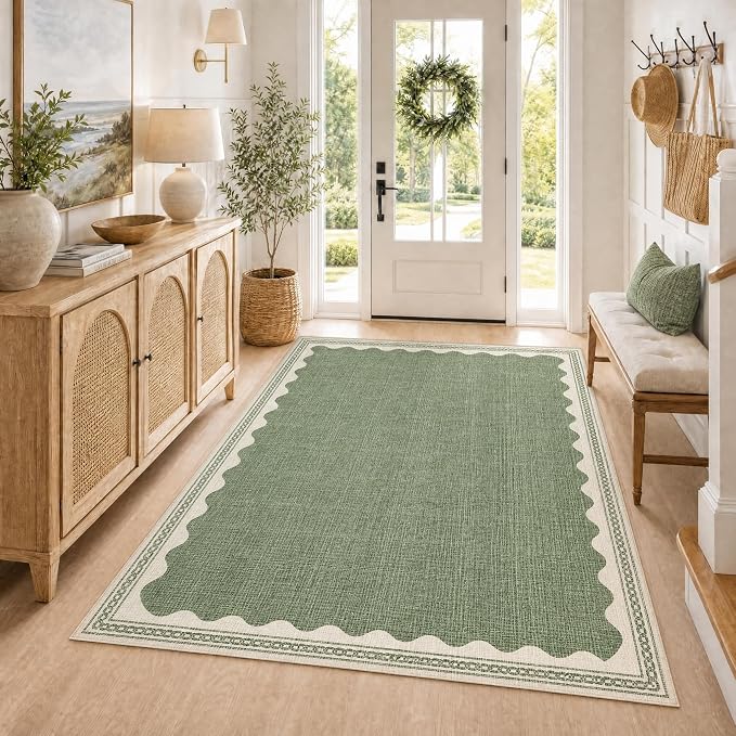 GarveeHome Scalloped Washable Rugs 5x7 Rug for Living Room, 5 x 7 Rug Solid Sage Green Modern Low-Pile Carpet for Bedroom Dining Nursery Non Slip Mat with Rubber Back