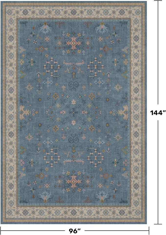 Hazo Haus Boho 8x12 Large Area Rugs for Living Room - Eclectic Dusky Blue Rug for Bedroom Under Bed, Dining Room Under Kitchen Table, Washable Soft Non Slip Unique Colorful Indoor Décor