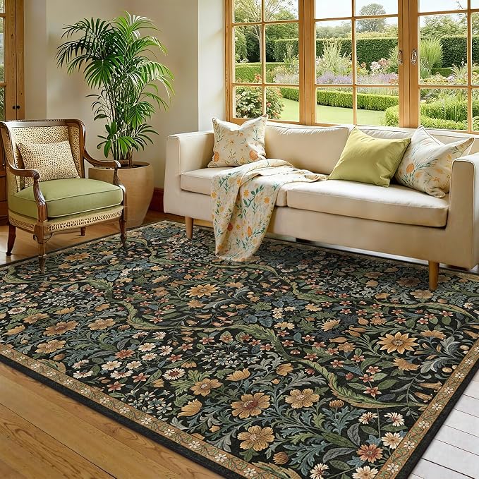 Floral Washable 6x9 Area Rug，Black Brown Boho Rugs for Living Room, Soft Low-Pile Non-Slip Stain Resistant & Non-Shedding Carpet for Girls Bedroom,Dining Room,Office,Entryway,Nursery