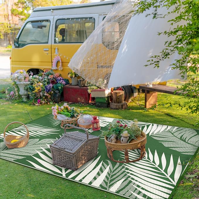 GENIMO Outdoor Rug 8' x 10' Waterproof for Patios Clearance, Reversible Outdoor Plastic Straw Camping Rug Carpet, Large Area Rugs Mats for RV, Picnic, Backyard, Deck, Balcony, Porch, Dark Green&White | Outside Larger Leaf Carpet Mat for Porch Decor, De...