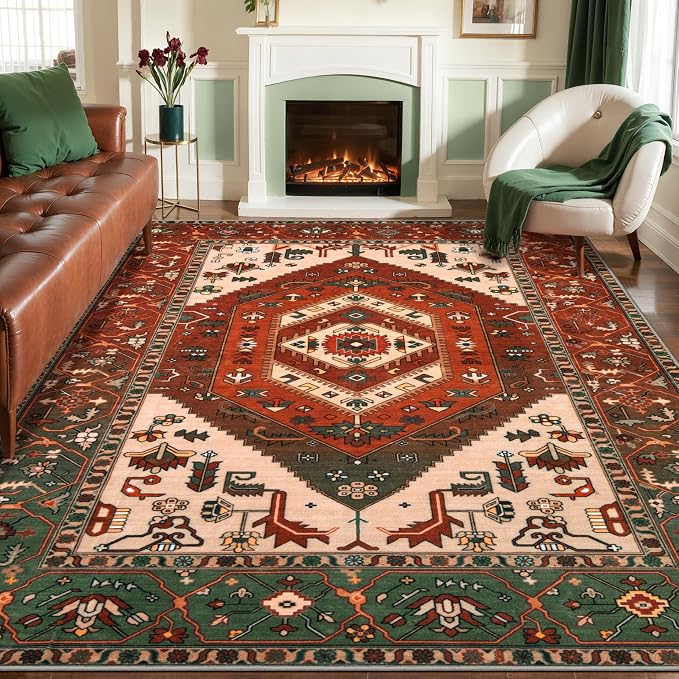SERISSA Washable Rugs 8x10 Area Rugs, Large Non-Slip Boho Living Room Rug, Ultra Soft Oriental Vintage Terracotta Green Print Distressed Carpet for Dining Room Bedroom Dorm Office Home Decor