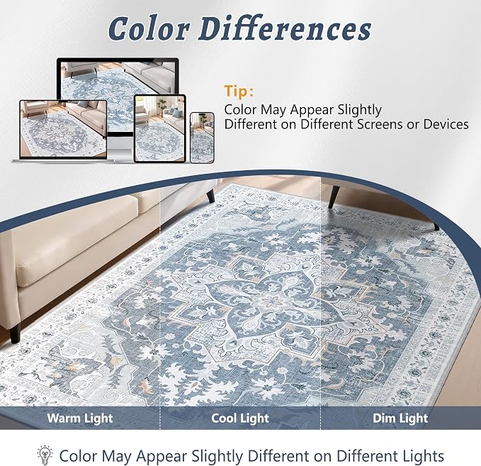 4x6 Area Rug, Soft Non-Slip Vintage Medallion Rug, Low-Pile Printed Indoor Washable Area Rugs for Living Room, Bedroom Bedside, Entryway, Kitchen -Blue/Gray | Low-Pile Printed Indoor Washable Area Rugs for Living Room, Bedroom Bedside, Entryway, Kitchen