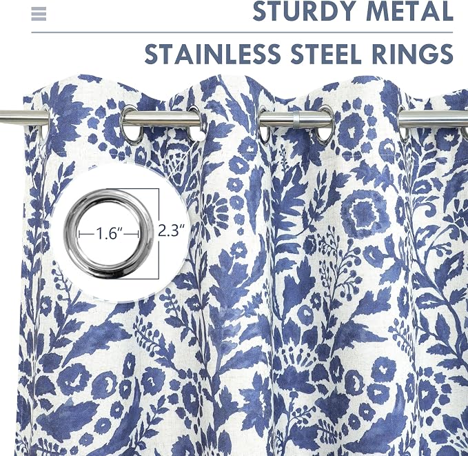 DriftAway Julia 100% Blackout Curtains Grommet 2 Panels, W52xL108, Navy | Floral Curtains, Bedroom, Living Room, Linen Blend, Watercolor Pattern, 2 Layers, Thermal Insulated, Window Treatment