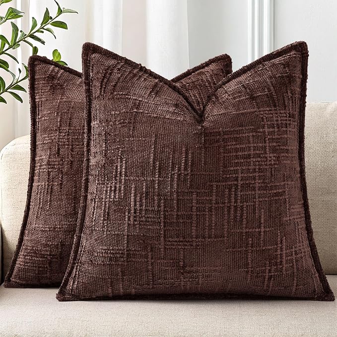 decorUhome Chenille Decorative Throw Pillow Covers 16x16 Set of 2,Brown | Soft Texture, Slubby Modern Design, Flange Edges, Cozy Accent Pillow Covers for Couch, Sofa, Bed, Living Room