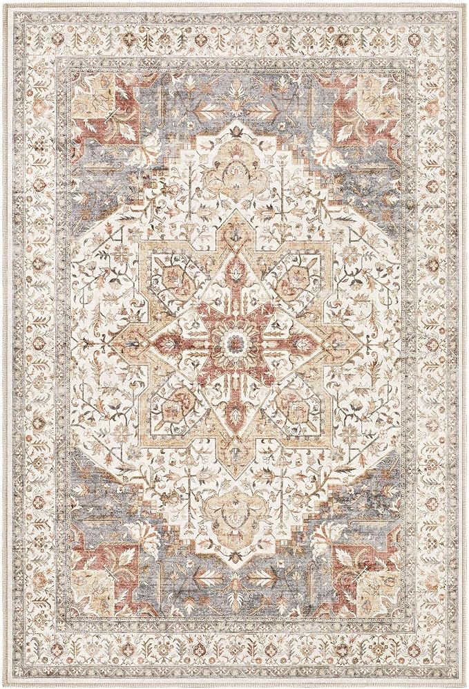 Tortania Area Rug 2x3 Doormat - Washable Vintage Oriental Farmhouse Soft Thin Indoor Carpet for Living Room Bedroom Hallway Entryway Kitchen - Orange Multi