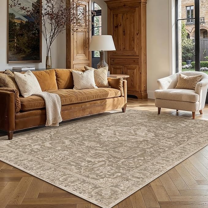HUGEAR 5x7 Area Rug Taupe Machine Washable Rug Room Decor Distressed Vintage Living Room Rugs Low Pile Non Slip Soft Carpet for Bedroom Office Dining Room Soft Lightweight