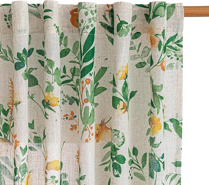 MYSKY HOME Green Floral Curtains 84 Inch Length Linen Blended Farmhouse Curtains for Living Room Bedroom Semi Sheer Sage Green Flower Cottage Curtain Drapes Back Tab 50" Wide Each Panel, 2 Panels