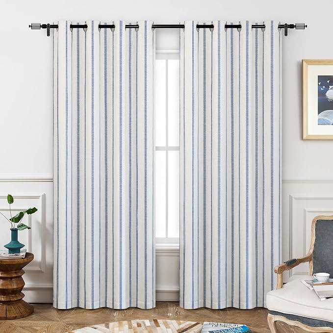 DriftAway Farmhouse Stripe Blackout Curtains, W52xL84, Navy Blue | Blackout, Linen Texture, Stripe Pattern, Grommet, Two Layers, Bedroom Living Room Use, Sound Reducing Design