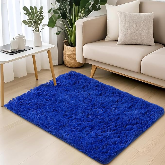 Small Throw Fluffy Shag Blue Area Rug for Bedroom Boys Kids, 2x3 | Ultra Soft Comfy, Fuzzy Plush Carpet for Living Room Nursery Girls Teen Dorm, Modern Indoor Home Decor, Upgrade Non-Slip