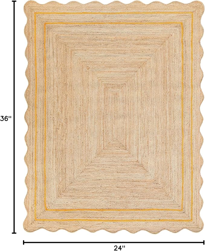 Wave Scalloped Natural Jute Runner, Yellow (2'x3'): Boho Farmhouse Entryway Scallop Rug