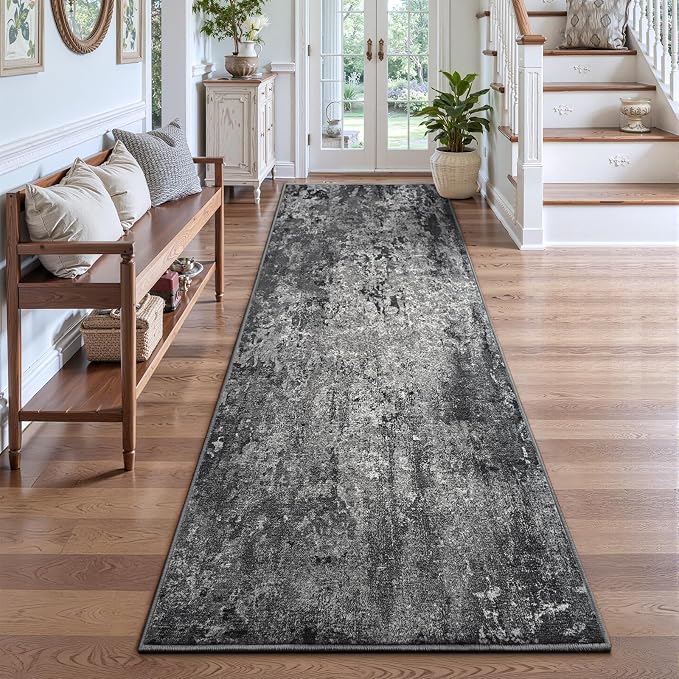 2x8 Black Rug Runners for Hallways Kitchen Runner Rug Non Slip Washable Black Long Runner Rugs with Rubber Backing Soft Abstract Carpet Runner for Bedroom, Kitchen, Bathroom, Entryway