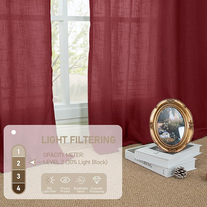 LAMIT 95 Inches Long Linen Curtains for Living Room, Back Tab and Rod Pocket Semi Sheer Panels Light Filtering Christmas Drapes for Bedroom/Dining Room, Burgundy Red, Set of 2, 52 x 95 Inch